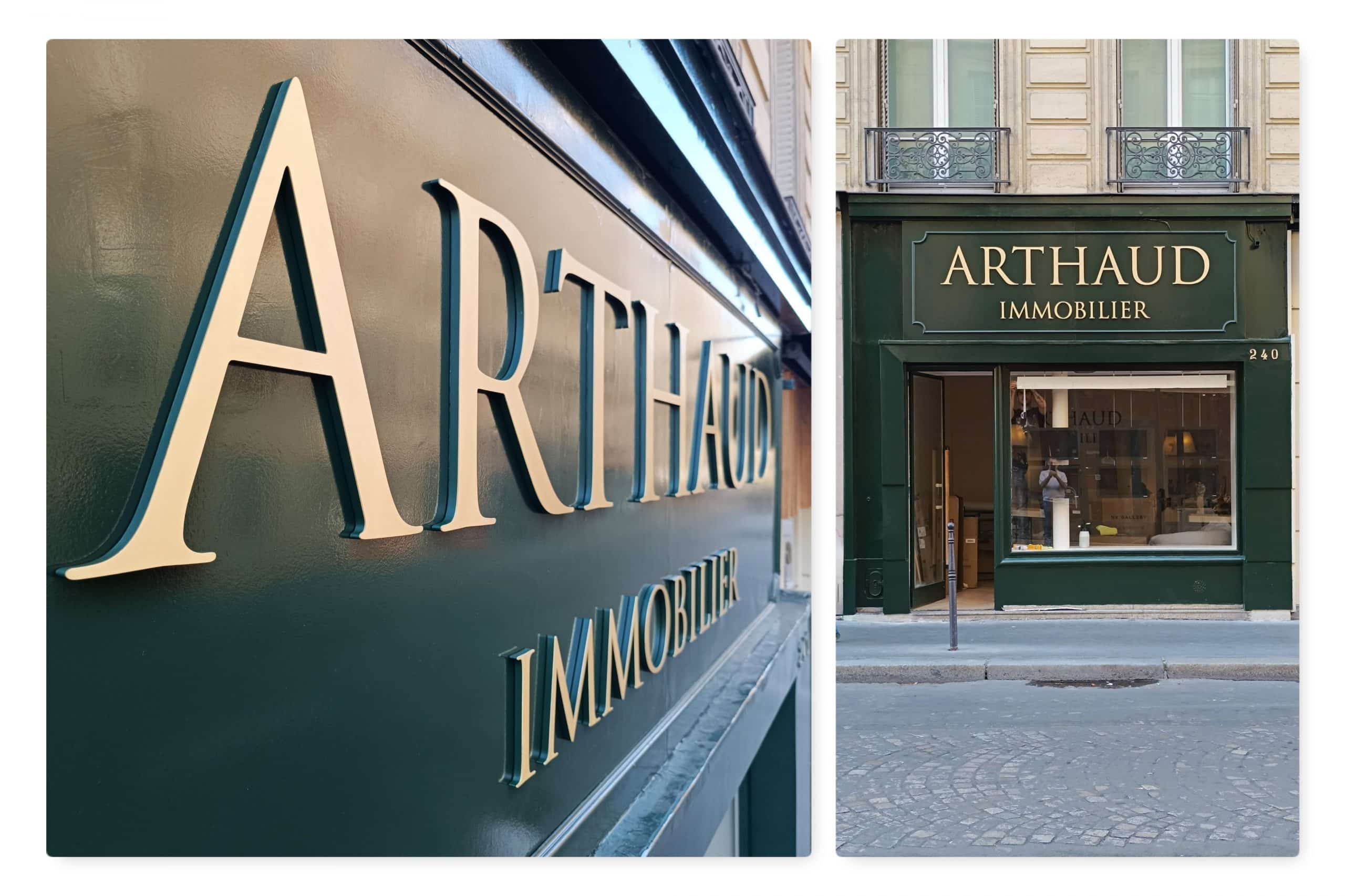 au-bon-signe-parisien-enseigne-lettres-laiton-relief Enseigne haut de gamme en laiton relief – Arthaud Immobilier, Paris 8e
