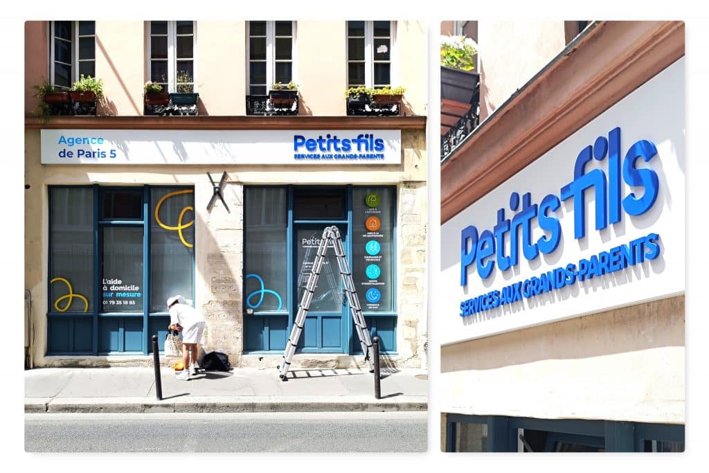 Enseigne sur tôle tablette et habillage de façade – Petits-fils, Paris 5e Mouffetard