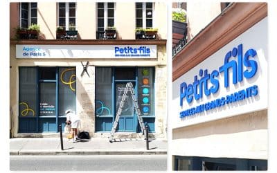 Enseigne sur tôle tablette et habillage de façade – Petits-fils, Paris 5e Mouffetard