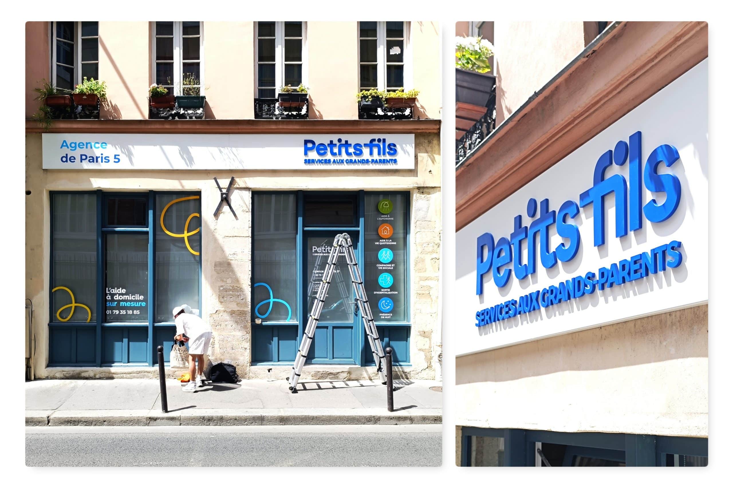 au-bon-signe-parisien-enseigne-tôle-pliée-lettres-relief-pvc-laqué-petits-fils-paris5 Enseigne sur tôle tablette et habillage de façade – Petits-fils, Paris 5e Mouffetard